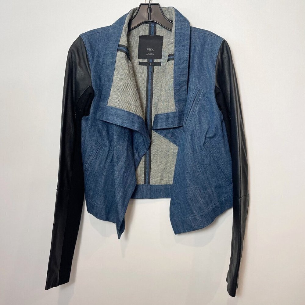 Veda Womens Moto‎ Denim Jacket Leather Sleeve Blue S Wool Waterfall Blazer Crop